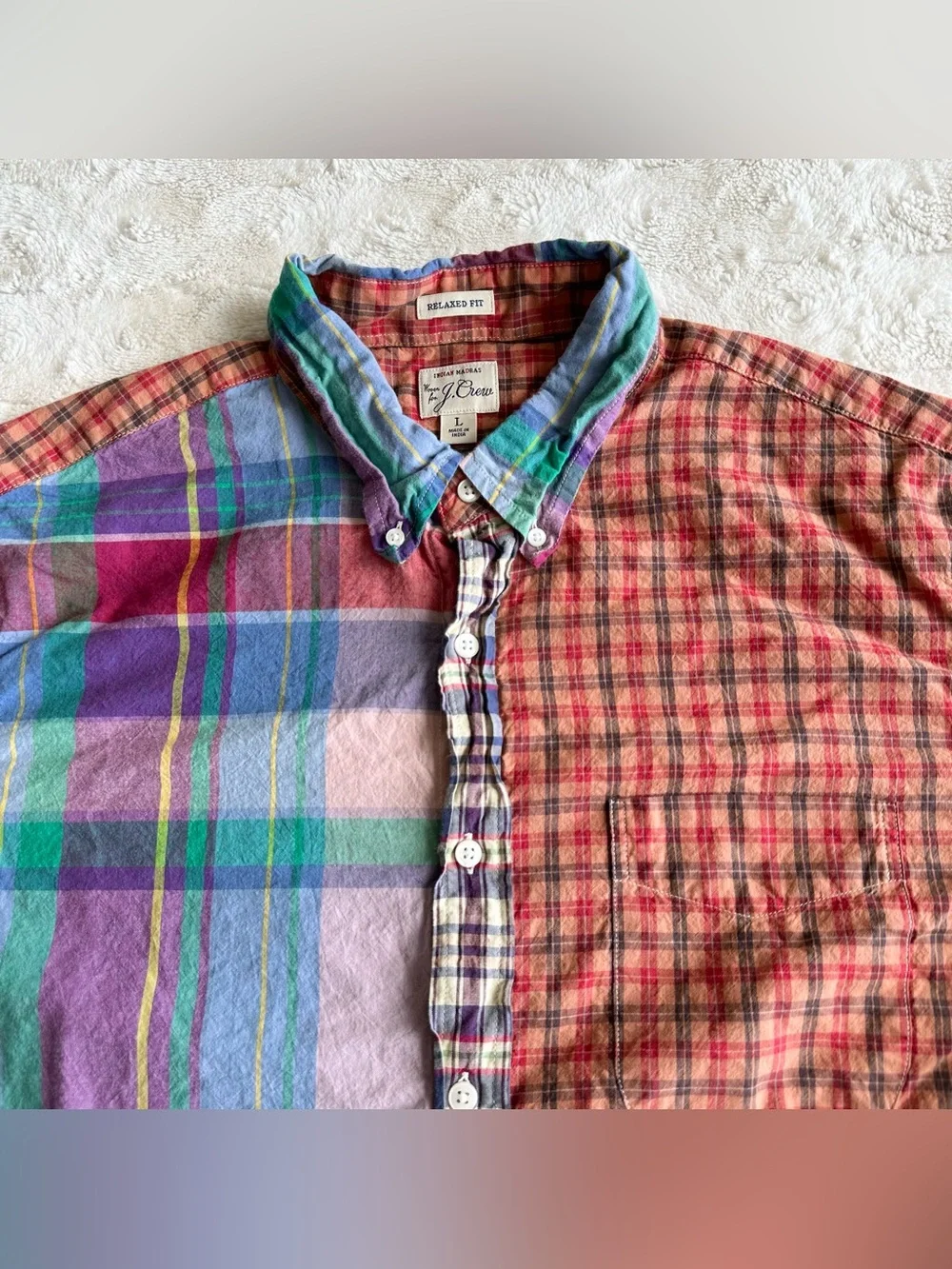 J Crew Patchwork Shirt Mens Large Multicolor Indian Madras Plaid Preppy Collared
